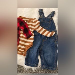 Old Navy baby boy denim overalls & orange striped long sleeve onesie 3-6 mo